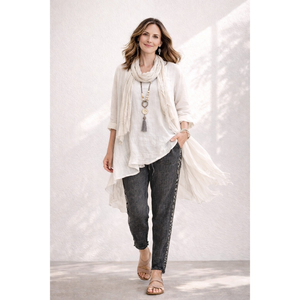 The Nu Vintage Gray 100% Cotton Sequin Trim‎ Boho Lagenlook Jogger Pants S USA